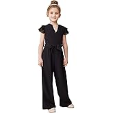 WDIRARA Girl's Layered Ruffle Cap Sleeve Mesh Notched V Neck Belted Jumpsuit Pants