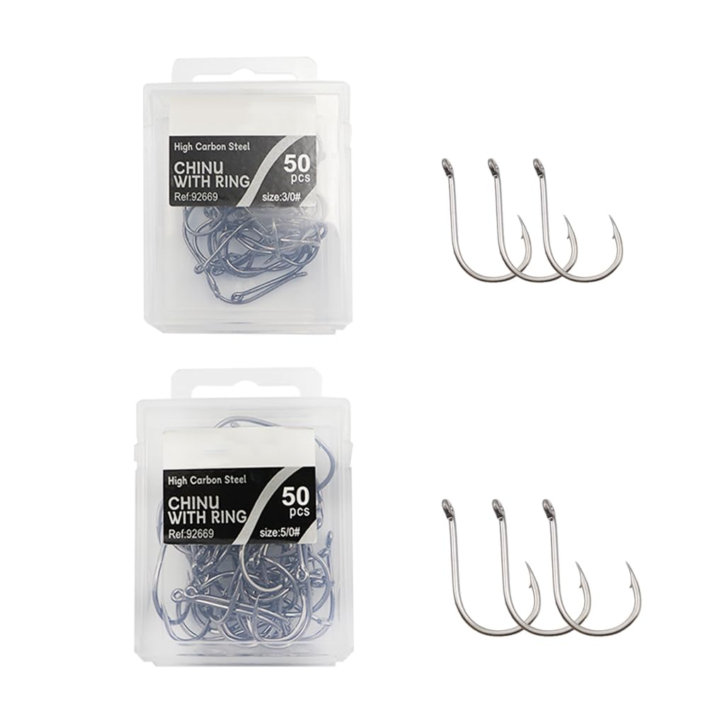FONGKNOX 100 Pcs Chinu Fishing Hook set of #5/0 & #3/0 50pcs per Size Eyed Fishing Hook High Carton Steel Durable Sharpness Barbed 5H Hardness Strengthed Bend Freshwater Saltwater Sea Fishing Trackle
