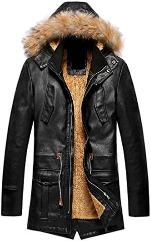 Hokny TD Mens Winter Warm Faux Fur Hoodie Warm Faux PU Leather Motor Jackets Black XL