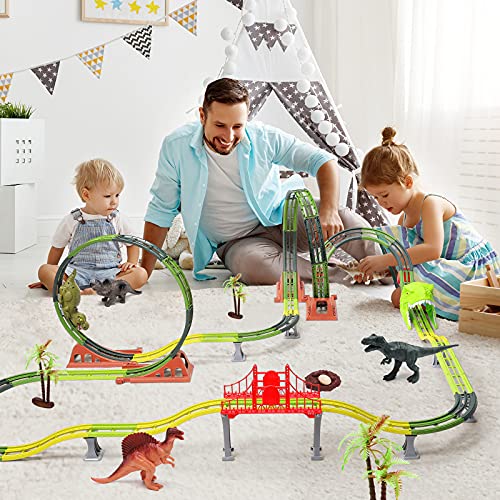 Dinosaur Track Toys Set, Rechargable Dinosaur Race Car, Flexible Tracks with Bridge/Ramps/Double 360° Loop, Assemble Track Toys to Create A Dinosaur World Road Race Great Gift for Kids Age 3+