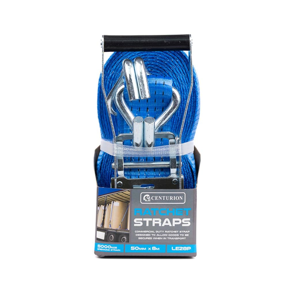 Centurion LE28P Heavy Duty Ratchet Strap 8m x 50mm - 5000kg Break Strength | Double J Hooks | EN12195-2 Compliant Tie Down Strap for Cargo, Trailers, Vans & Trucks