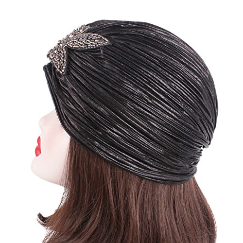 CHUANGLI Women's Noble Ruffle Turban Hat Glitter Pleated Stretch Head Wraps Chemo Cap Black - Thumbnail 2