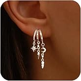 HLJEO Dangle Earrings For Women,Dainty 14K Gold Plated Hypoallergenic Small Triple Huggie Hoop Earring Gothic Cute Cross Moon Star Drop Earrings For Women Trendy Gold Statement Stud Earring Jewelry