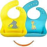 Silicone Bib Set, 2 Baby Bibs With Travel Strap, Easy Clean Drool Bibs, Silicone Baby Bib with Food Catcher, Teething Toddler Bibs, Waterproof Baby Bibs for Boys or Girls, Silicone Bibs for Feeding