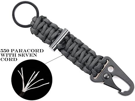 Tactical Paracord Carabiner Clip Nylon Strap Belt 550 Survival EDC Keychains Emergency First Aid Kit Military Hook with Flint Fire Starter Key Ring Holder Quick Release Camping,Hiking (Black)