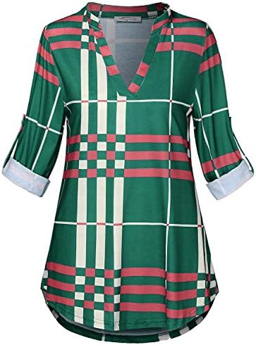 SeSe Code Womens 3/4 Roll Sleeve Shirt Notch Neck Loose Tops Plaid Tunic Blouse(FBA)