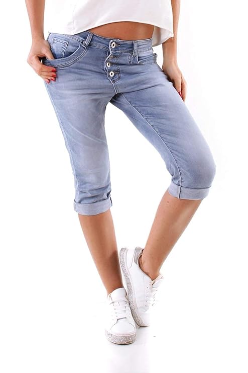 OSAB-Fashion 5082 Damen Jeans KAROSTAR by LEXXURY Röhre Hose Boyfriend Haremscut Knöpfe Knielang Slimfit