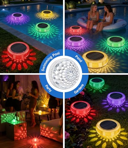 Solar Float Lights for Swimming Pool, 7 Colors RGB + Running Effect, IP68 Waterproof, 4 Brightness Levels, 10m Remote Control, Timer 2/4/6h - for Pool, Pond, Garden, Party Decoration