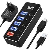 atolla USB Hub, 4-Port USB 3.0 Data Hub+1 Smart USB Charging Port Aluminum Splitter with 5V/3A Power Adapter(US Standard) and Individual On Off Switches