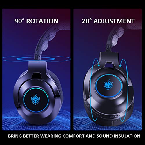 PS4 Headset, 7.1 Bass Surround Bluetooth Wireless Headset, Wired Gaming Headset with Detachable Noise Cancelling Mic for Xbox One, PC, Rotatable Ear Cups Soft Memory Earmuffs, LED Light - Blue