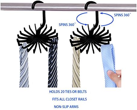 HCYLIVE 2 Pack 360 Degree Rotating Holds Twirl Tie Racks Adjustable Tie Belt Scarf Hanger Holder Hook Securely up to 20 Ties Holder Hook Ties Scarf for Black Closet Organizer Storage