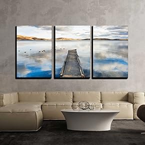 3 Piece Canvas Wall Art - Old pier on The Lake, a Floating Flock of Ducks and The Sky Reflecting in The Water - Modern Home Art Stretched and Framed Ready to Hang - 16"x24"x3 Panels