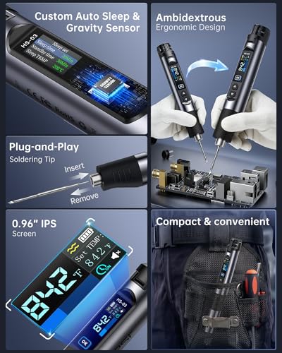 FNIRSI HS-03 Cordless Soldering Iron Kit, 2600mAh Battery Portable Soldering Iron, 212-842°F, 3s Fast Heating, 5-Level Temp, 0.96" IPS Display Soldering Iron for Electronics Repair, DIY, PCB