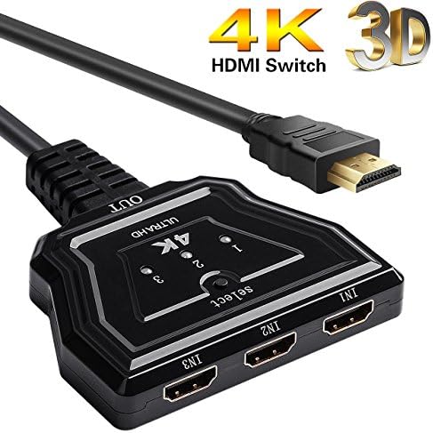 HDMI Switch, 3 Port 4K HDMI Switcher HDMI Splitter with Pigtail Cable Supports 4K/Full/1080P/3D HD Audio for Nintendo Switch PS4/PS3/Xbox/STB/Apple TV/DVD Player[2018 Version] (Black)