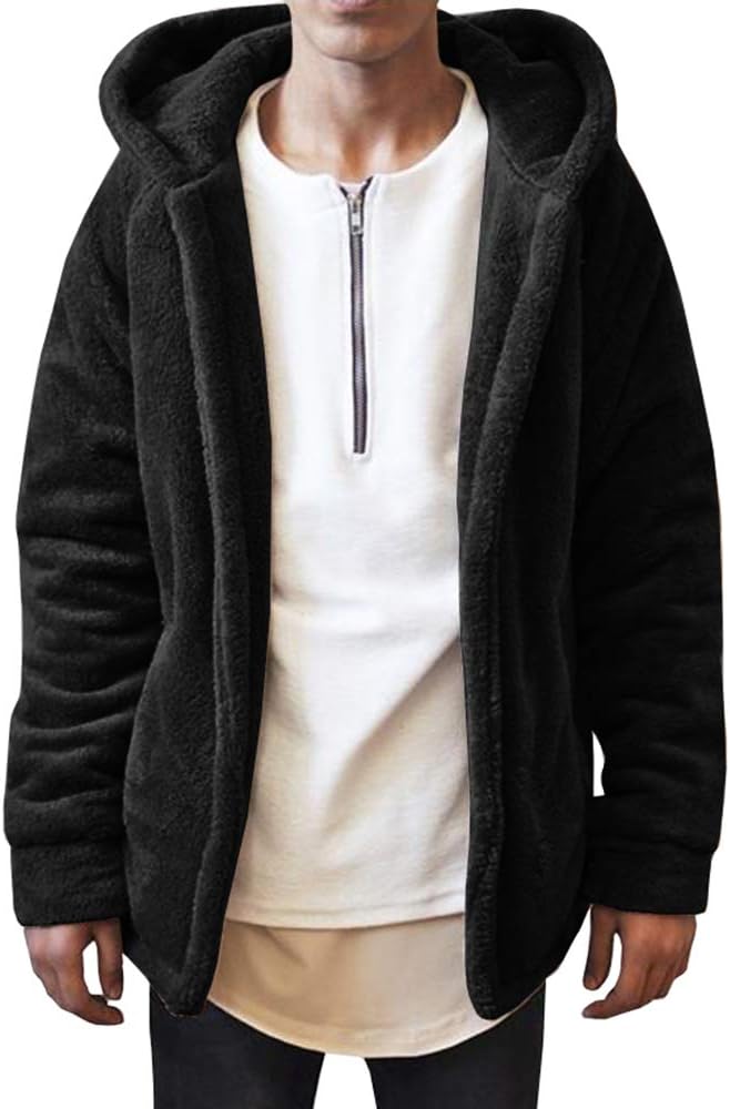 Mens Hoodies Fuzzy Sherpa Fleece Cardigan Open Front Fall Coat Lightweight Winter Warm Jackets with Pockets