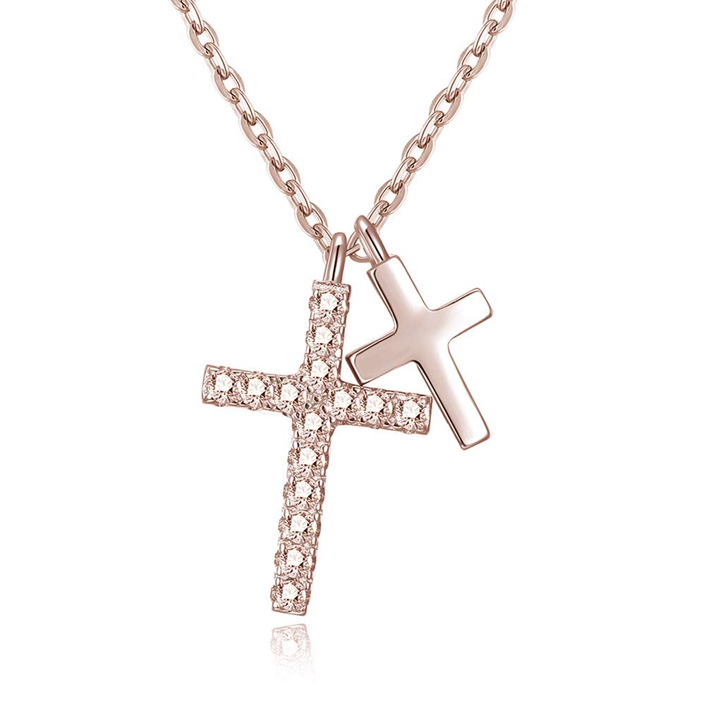 EVBEA Cross Necklace Sterling Silver Ladies Cubic Zirconia Necklace for Women Double Cross Pendant Religious Jewellery