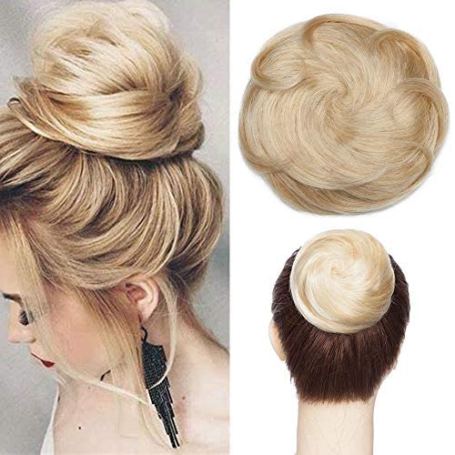 Messy Human Hair Bun Scrunchies Hair Bun Updo Donut Chignons Hair Peice100% Remy Clip in Ponytail Extensions Curly #613 Bleach Blonde — image 1