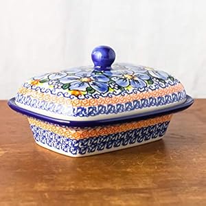 Polish Pottery, Handpainted and Handcrafted Butter Dish with Lid ― Blue Flowers Artistic Pattern (A506)