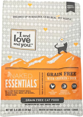 I AND LOVE AND YOU NAKED ESSENTIALS DRY CAT FOOD – CHICKEN + DUCK – GRAIN FREE, REAL MEAT, NO FILLERS, PREBIOTICS + PROBIOTICS, 3.4LB BAG