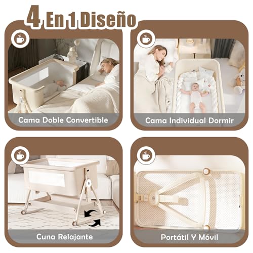 ALIYU Cuna Colecho para Bebe Portátil 4 en 1, Ajustable 6 Niveles, Incluye Mosquitera, Cesta Almacenamiento, Cambiador, Colchón y Ruedas Giratorias 360° Cuna de Viaje, Regalo para Bebe Recien Nacido