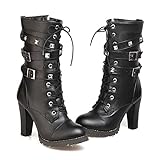 Mostrin Women Motorcycle High Heels Punk Buckle Rivet Strap Combat Military Mid Calf Boots