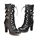 Mostrin Women Motorcycle High Heels Punk Buckle Rivet Strap Combat Military Mid Calf Boots Black