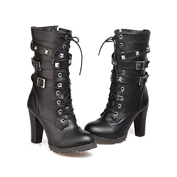 Mostrin-Women-Motorcycle-High-Heels-Punk-Buckle-Rivet-Strap-Combat-Military-Mid-Calf-Boots-Black
