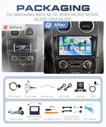 6G+128G 8 Cores Car Radio for Mercedes Benz ML GL W164 ML350 ML500 GL320 X164 ML280 GL350, 9'' Carplay Android Auto Wireless FM/RDS/EQ/DSP WiFi GPS Panoramic 360° Steering Wheel Controls Rear View