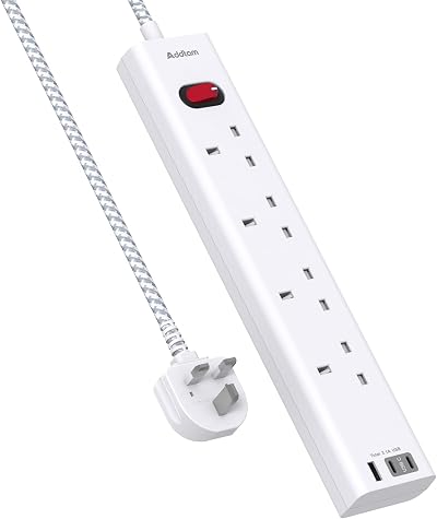 Addtam 7-in-1 Extension Lead with USB Ports 4-Way, 1.8m Wall Mount