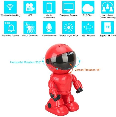HD Wireless Robot IP Camera,FEISIER 960P Security Camera 1.3MP CMOS Baby Monitor Pan Tilt Remote Home Security P2P IR Night Vision for Mobile Android/iOS and Laptop (Red)