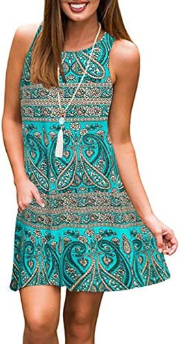 QINYUN Women's Summer Floral Printed Swing Casual T-Shirt Dresses Sleeveless Beach Tank Dresses with Pockets