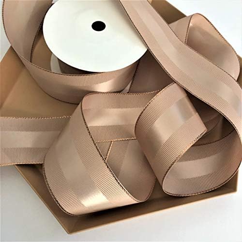 Tan and Rose Gold Grosgrain Ribbon 1 1/2 inch, 10 Yards, Double Face, Premium Fabric Ribbon with Metal Trim for Elegant Gifts, Party Favors, Baby Showers, Crafts, Décor, Millenary Hat Projects