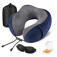 EMISK Travel Pillow for Airplanes, 100% Pure Memory Foam Neck Pillow for Airplane Travel Sleeping, Airplane Travel Kit with 3D Sleep Mask, Earplugs, Travel Neck Pillow with Washable Cover