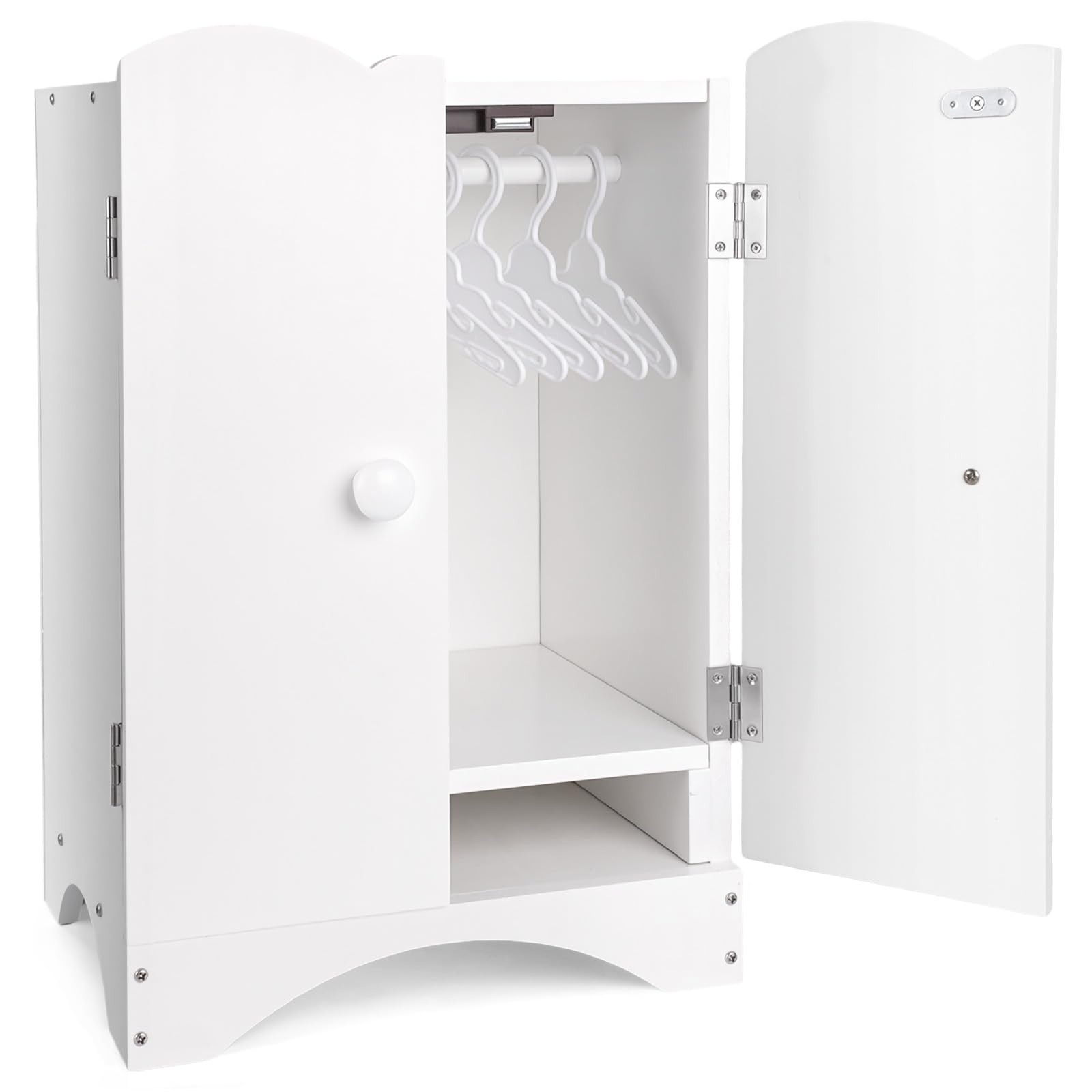 Photo 1 of BABESIDE Wooden Baby Doll Closet, Wooden Furniture Armoire Dolls Wardrobe for Baby Doll Clothes Storage, Fit 12-16 Inch Doll Clothes, Includes 10 Clothes Hangers, Pretend Play for 3+ Girls Boys
