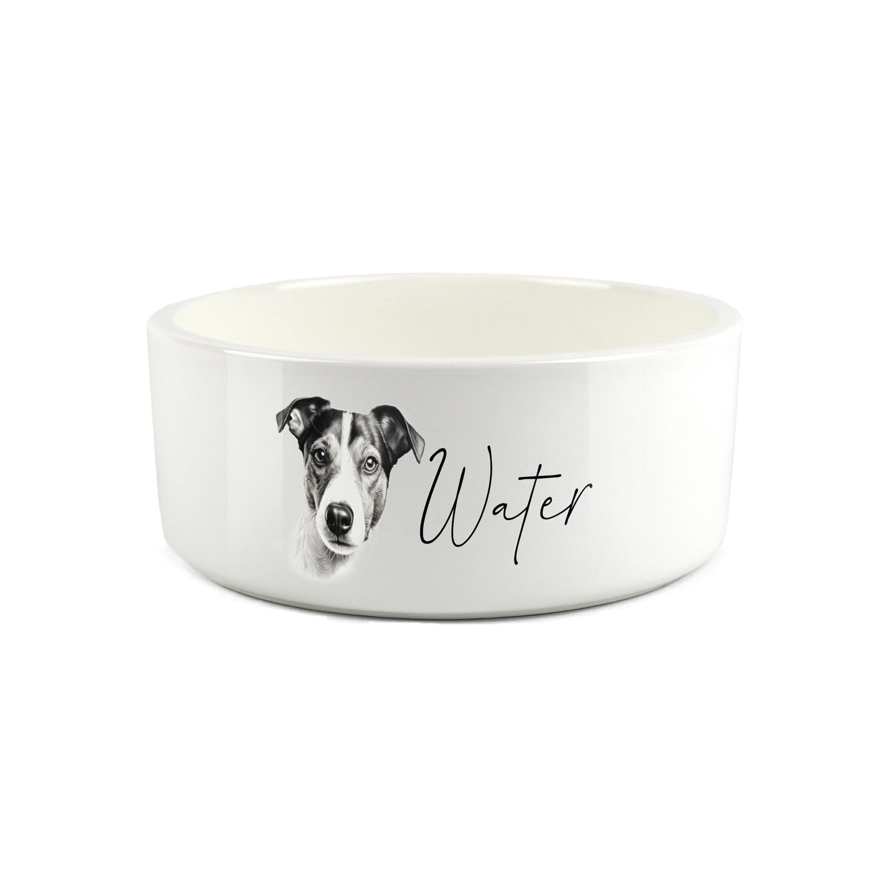 Jack Russell Pet Bowl - Black & White Portrait Large Ceramic Water Bowl - White Water Dish For Dogs