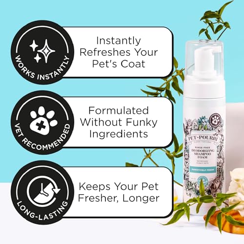 POO-POURRI RINSE-FREE DEODORIZING DRY SHAMPOO FOR DOGS & CATS – MOISTURIZING SKIN & COAT SOOTHING FORMULA – PLANT BASED INGREDIENTS – PINEAPPLE, JASMINE & PEAR – NO RINSE FOAM SHAMPOO FOR PET ODOR