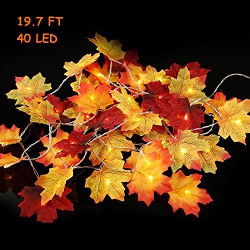 HUBORLOVES Thanksgiving Fall Marple Leaves Decorations Fairy String Lights with Remote 0 ft 40 LED 3 AA Battery Operated Marple Leaf Light for Indoor Outdoor Bedroom Holiday Party Halloween Decor