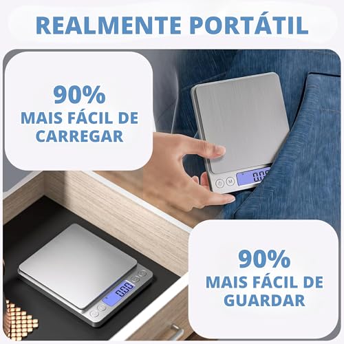 Balança Digital de Precisão para Cozinha 0,1g a 2kg Mini Inox Tara Visor LCD Pilhas Inclusas Confeitaria Café Especial Joias Suplementos Portátil 6 Unidades de Medida