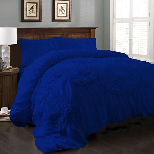 Relaxare Full XXL 300TC 100% Egyptian Cotton Royal Blue Solid 3PCs Flower Ruffle Duvet Set Solid- Ultra Soft Breathable Premium Fabric