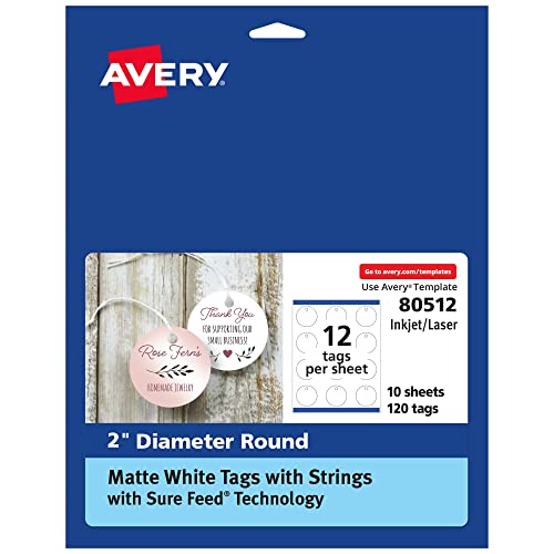 Avery Etiquetas redondas com tecnologia Sure Feed Technology, 5 cm de diâmetro, branco fosco, 120 etiquetas redondas com cordas, etiquetas imprimĂveis a laser/jato de tinta (80512)