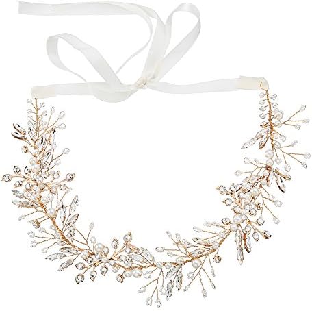 Miallo Bridal Hair Vine Crystal Artifical Pearls with Ribbon Wedding Hair Accessories Bridal hair piece for Women and Girls