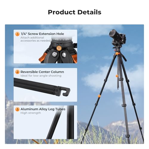 K&F CONCEPT 73” Camera Tripod with Fluid Head, Aluminum Travel Tripod for Video, Smooth Pan/Tilt for DSLR Mirrorless Camcorder, Max Load 6.6lb, for Live Streaming Vlog & Spotting Scope
