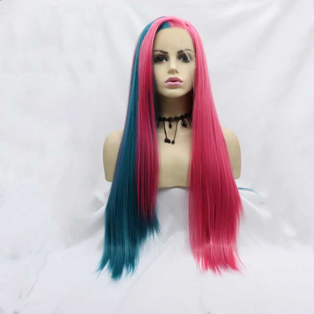 Xiweiya Wig Synthetic Half Green Half Pink Lace Front Wigs For Women Long Silky Straight Wigs Heat Resistant Fiber Half Wigs Cosplay — image 1