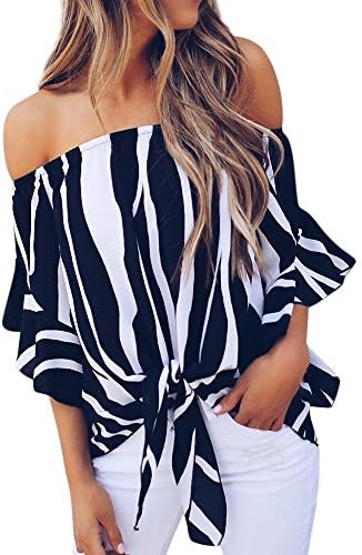 iDWZA Women Fashion Striped Off Shoulder Waist Tie Blouse Short Sleeve Casual T Shirts Tops