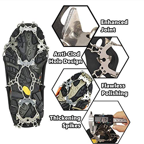 szlzhsm 19 Spikes Crampons Universal Flexible Anti-Slip Ice Grips Snow Traction Cleats Ice Spikes Crampon with Stainless Steel Chain for Climbing Hiking