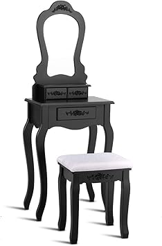 Amazon Com Compact Vanity Makeup Dressing Table Stool Set Living Room Bedroom Modern Useful Furniture Solid And Durable Construction Home Elegant Decor Accessories And Jewelry Organizer With Soft Chair Black Furniture Decor