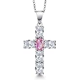 Gem Stone King 925 Sterling Silver White Topaz and Pink Sapphire Cross Pendant Necklace for Women | 3.60 Cttw | Gemstone November Birthstone | Oval 6X4MM | With 18 Inch Chain
