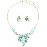 Mycitta Chunky Statement Jewelry Set Vintage Retro Leaf Flower Floral Geometric Bohemian Boho Bib Necklace Earring Set Fashion Costume Jewelry for Women Girls Wedding Party Prom Unique Gift