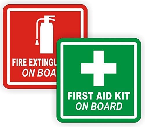 2-Pcs Dazzling Modern Fire Extinguisher First Aid Car Stickers ATV Labels Truck Emblem Boat Safety Size 4" x 4" Colors Red and Green