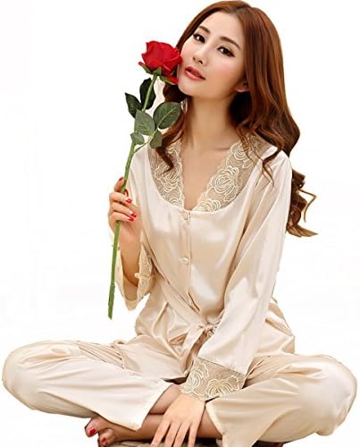 Sunjune Womens Satin Silk Lace Long Sleeve Nightwear Sleepwear Pajama Set Two Pieces